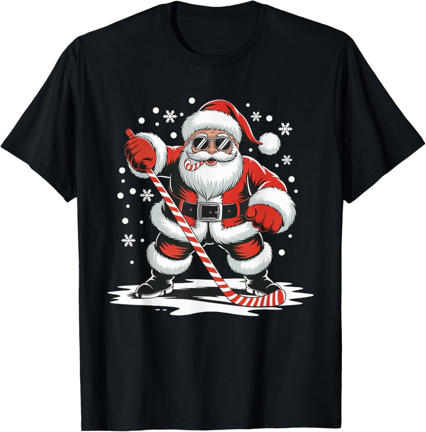 Hockey Christmas Santa Playing Sport Skating Candy Cane Fun T-Shirt - T-Shirt | Black