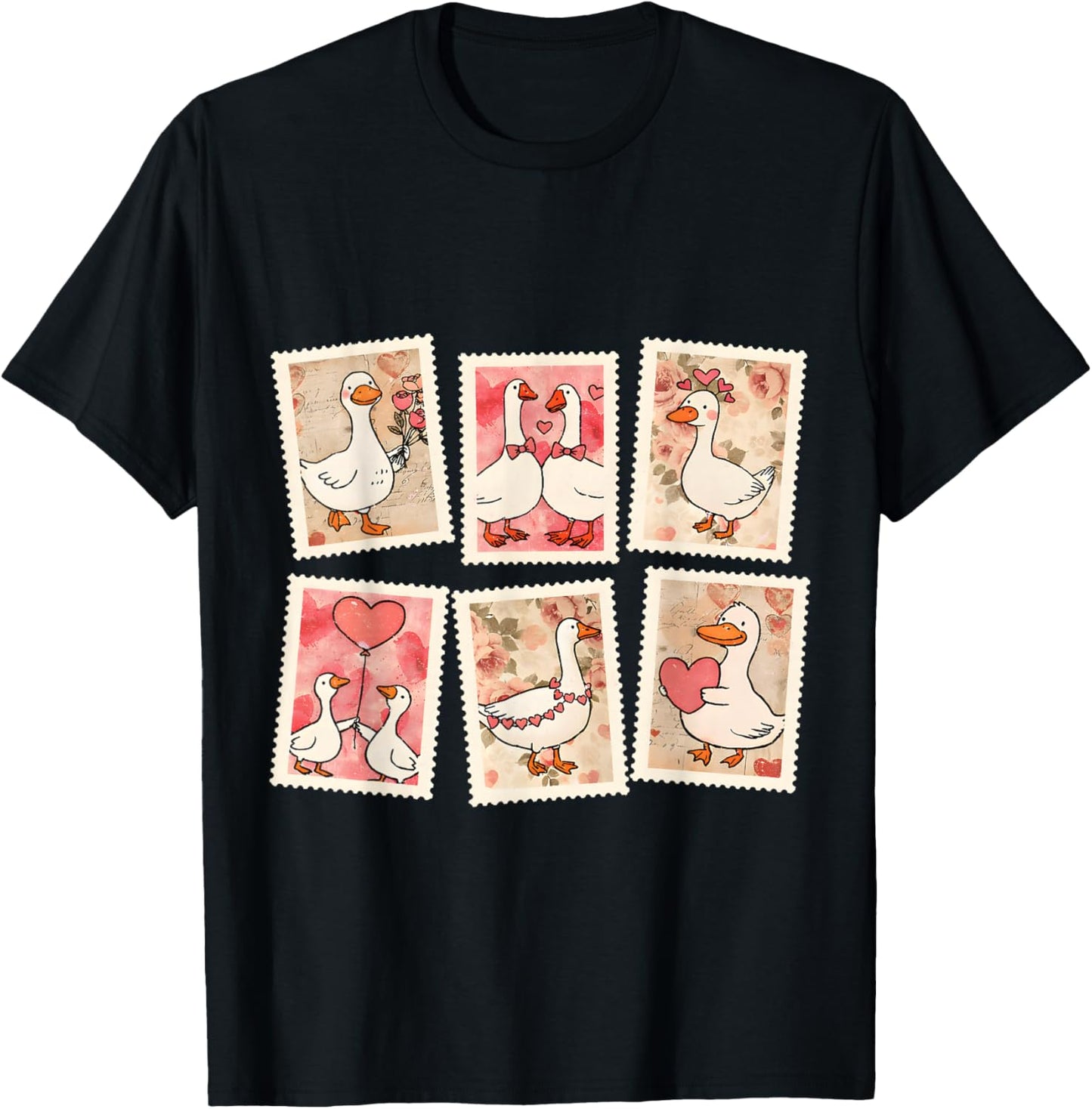Vintage Valentine Goose XOXO Be Mine Love Stamps Silly Goose T-Shirt - T-Shirt | Black