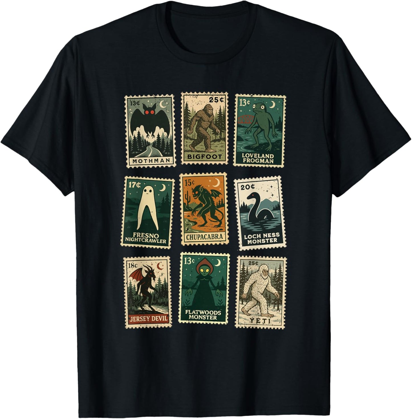 Cryptid Monster Stamps T-Shirt - T-Shirt | Black