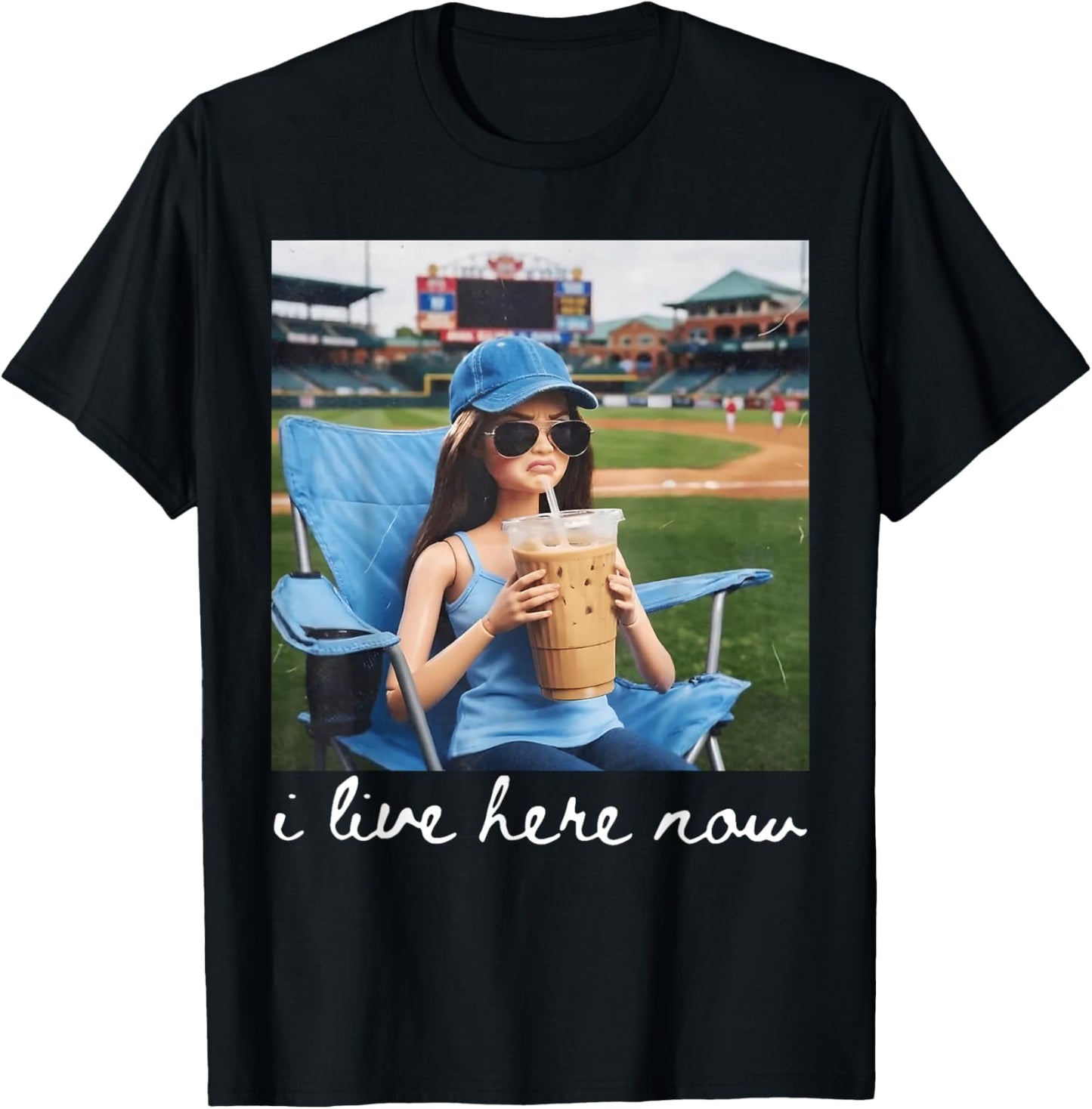I Live Here Now Funny Ballfield Baseball Girl Softball Meme T-Shirt - T-Shirt | Black