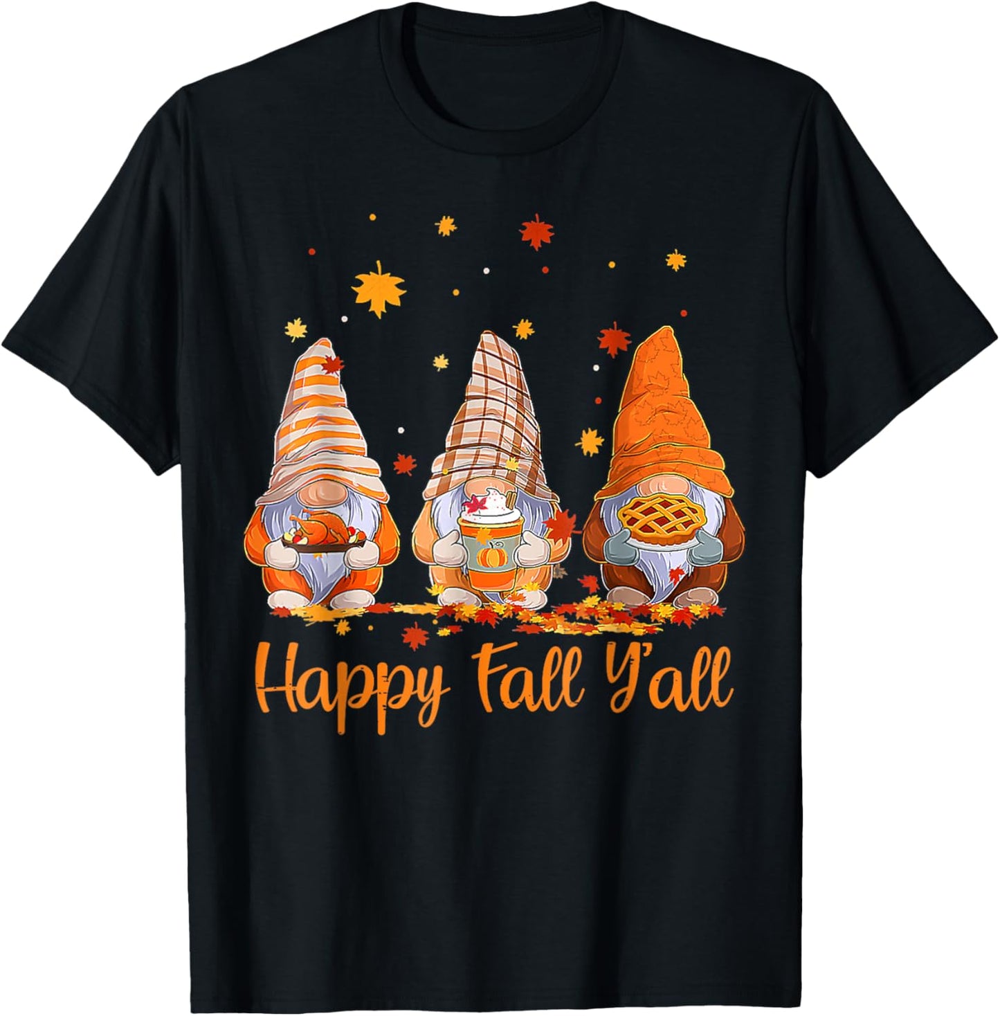 Happy Fall Y'all Gnome Pumpkin Autumn Thanksgiving T-Shirt - T-Shirt | Black