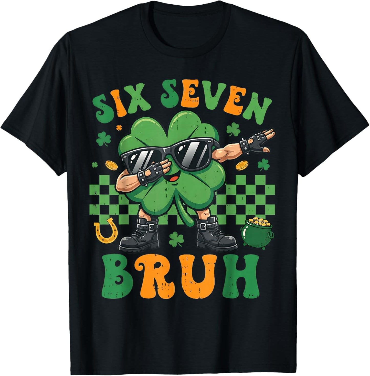 Six Seven Bruh St Patricks Day Boys Kids 67 Dabbing Shamrock T-Shirt - T-Shirt | Black