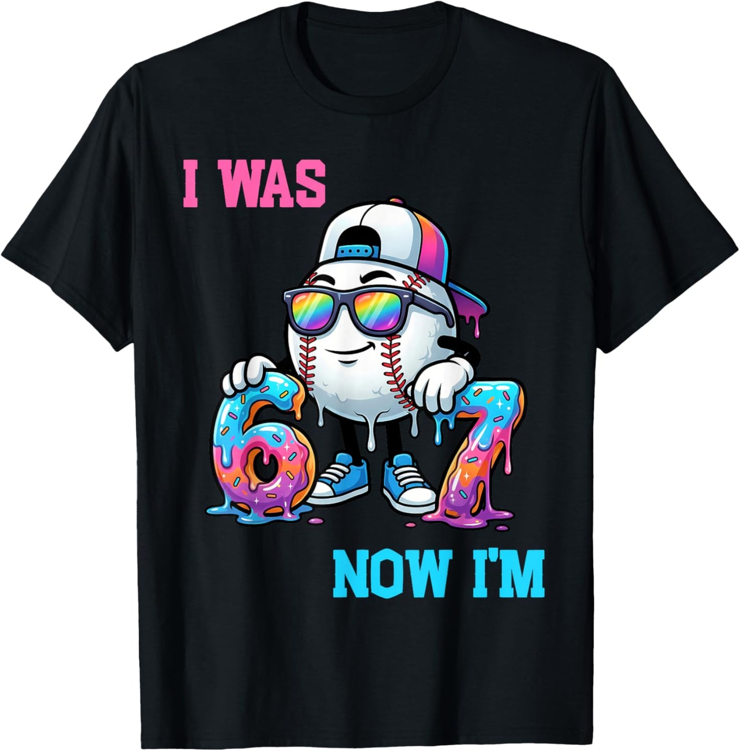 I was 6 Now I'm 7 Baseball Birthday Drip Ice Cream Boy T-Shirt - T-Shirt | Black