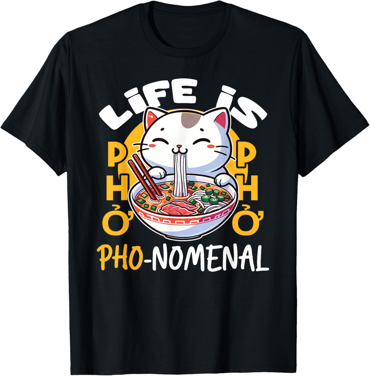 Pho Cat Kawaii Pho Bowl Vietnamese Noodles Food Pun T-Shirt - T-Shirt | Black
