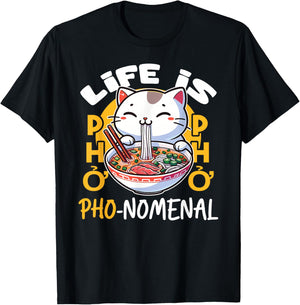 Pho Cat Kawaii Pho Bowl Vietnamese Noodles Food Pun T-Shirt - T-Shirt | Black