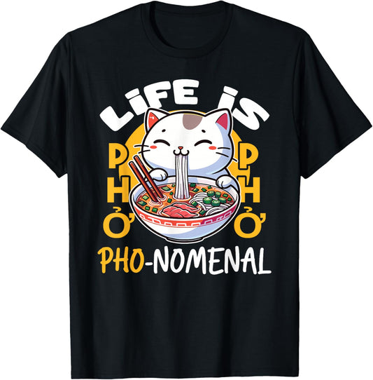 Pho Cat Kawaii Pho Bowl Vietnamese Noodles Food Pun T-Shirt - T-Shirt | Black