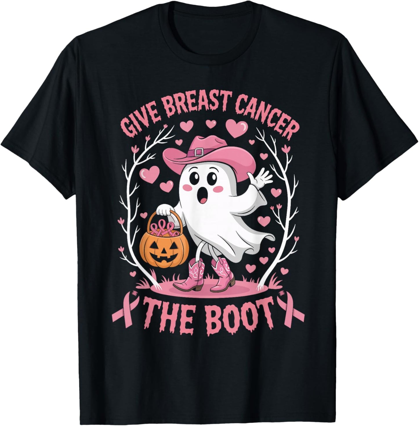 Give Breast Cancer The Boot Ghost Cowgirl Cancer Awareness T-Shirt - T-Shirt | Black