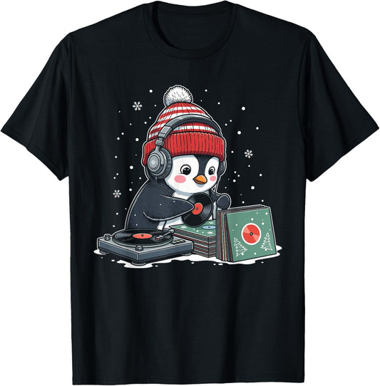 DJ Penguin Christmas Shirt, Cute Music Lover Holiday T-Shirt - T-Shirt | Black