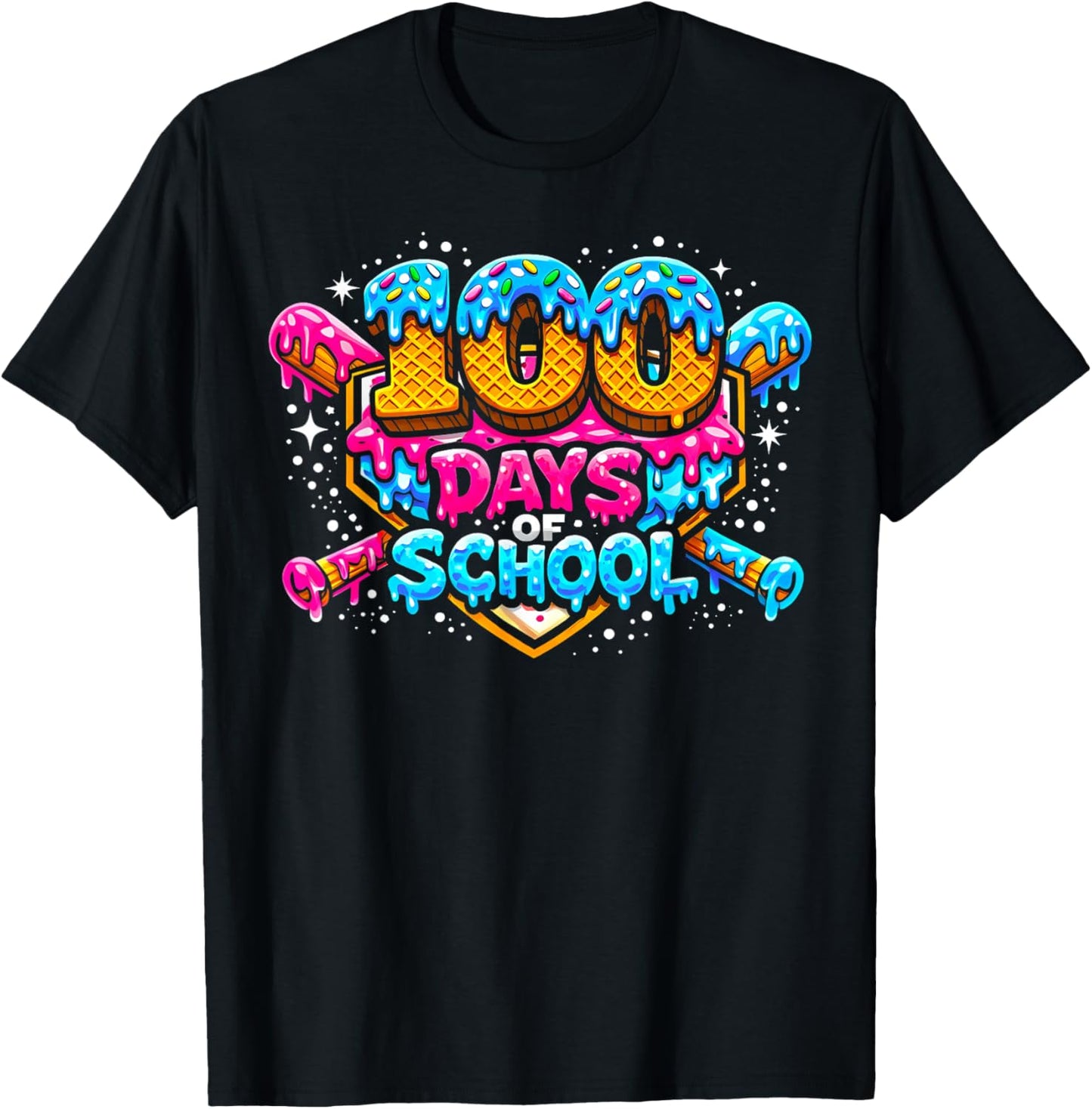 100 Days of School Baseball Drip Ice Cream Costume Teachers T-Shirt - T-Shirt | Black