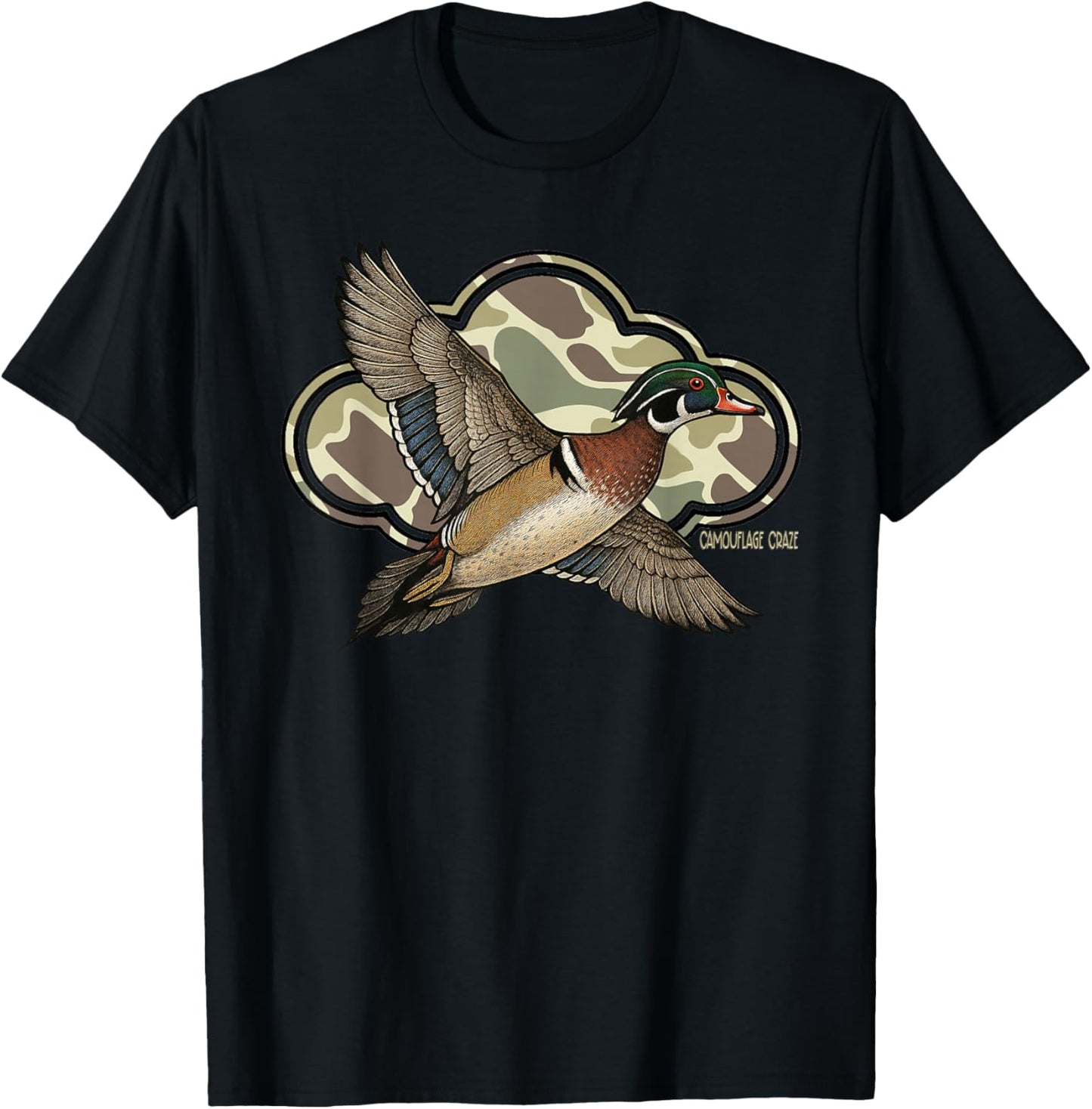 Wood Duck Camouflage Hunting Season Camo Flying Duck T-Shirt - T-Shirt | Black