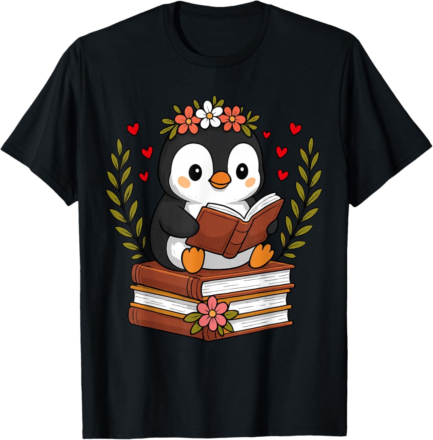 Penguin Reading Book Graphic Penguin with Book Floral T-Shirt - T-Shirt | Black