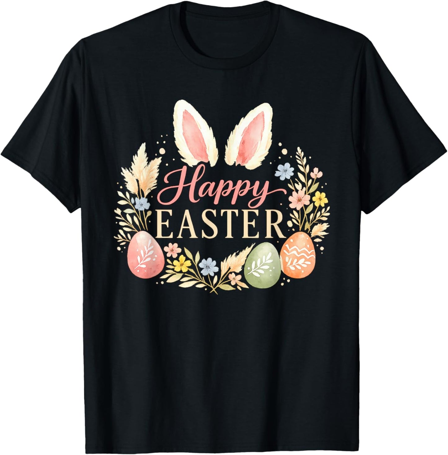 Happy Easter Floral Egg Spring Art T-Shirt - T-Shirt | Black