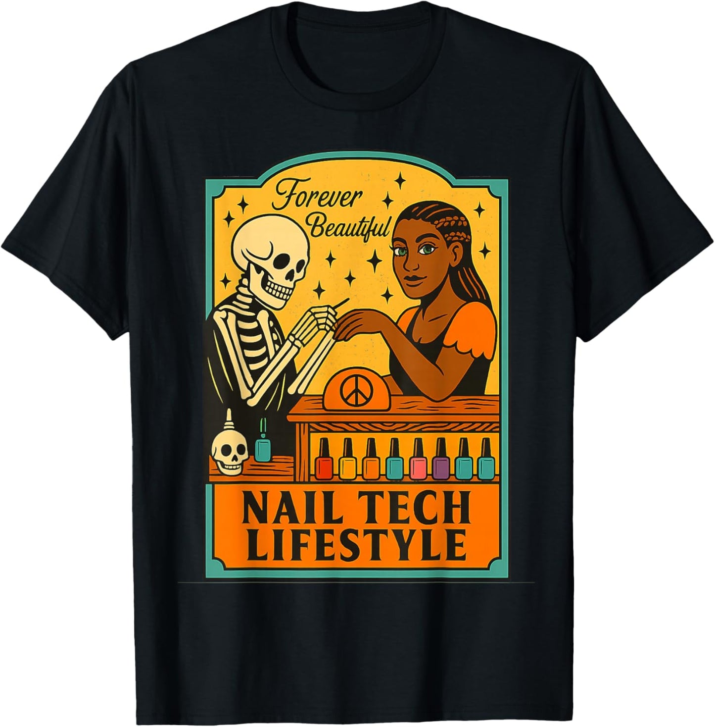 Nail Tech Skull and Beautiful Model T-Shirt - T-Shirt | Black