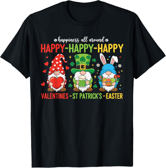 Valentines St Patricks Easter Gnomes Shirt, Happy Holidays T-Shirt - T-Shirt | Black