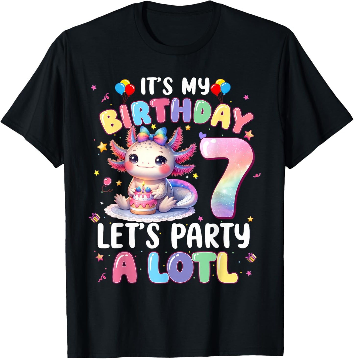 I'm 7th Birthday Girl Cute Axolotl 7 Year Old Bday Kids T-Shirt - T-Shirt | Black