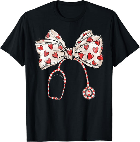 Nurse Valentine's Day Stethoscope Heart Bow Women T-Shirt - T-Shirt | Black