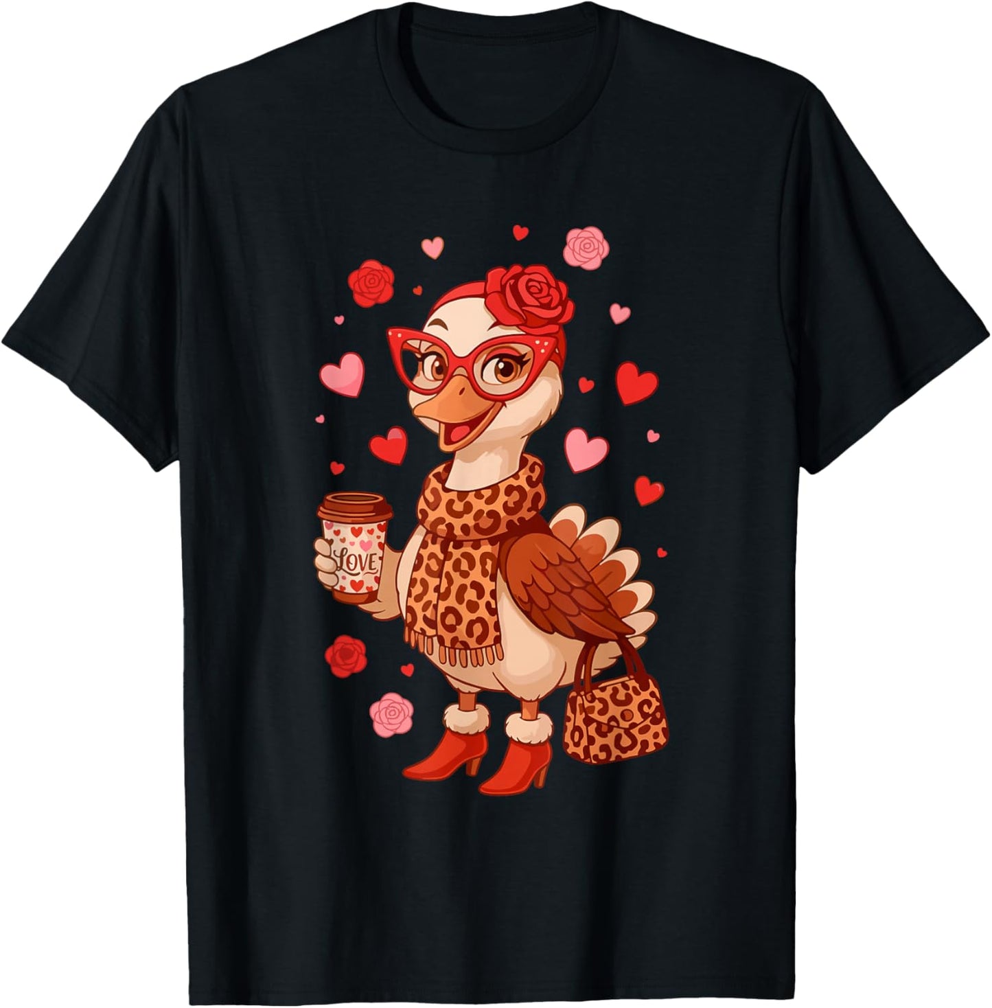 Valentine Goose Leopard Heart Retro T-Shirt - T-Shirt | Black