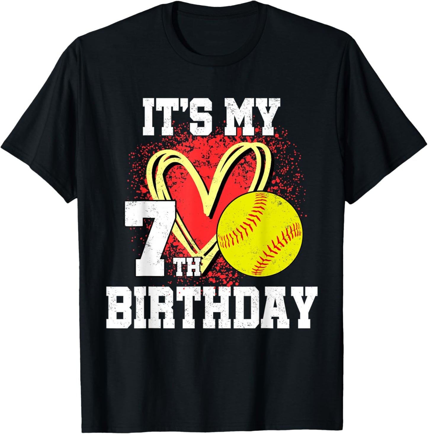 It's My 7th Birthday Softball 7 Year Old Heart Love T-Shirt - T-Shirt | Black