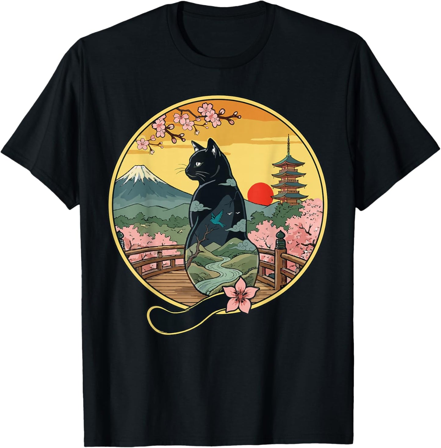 Japanese Cat Art Sakura Fuji Men Women Kids Funny Cat T-Shirt - T-Shirt | Black
