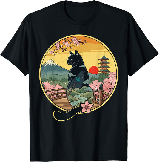 Japanese Cat Art Sakura Fuji Men Women Kids Funny Cat T-Shirt - T-Shirt | Black