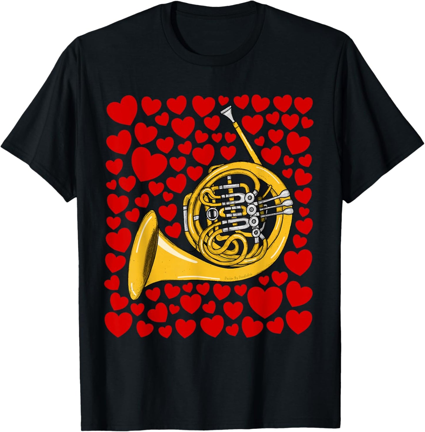 French Horn with Hearts, Valentines Wedding Brass Musician T-Shirt - T-Shirt | Black