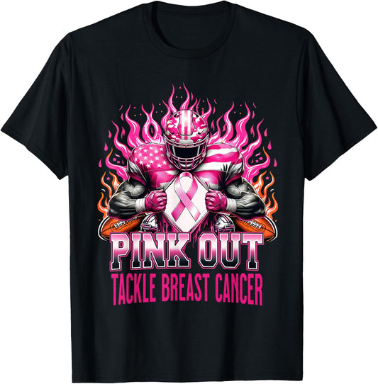 Pink Out Tackle Football Breast Cancer Awareness Men Boys T-Shirt - T-Shirt | Black