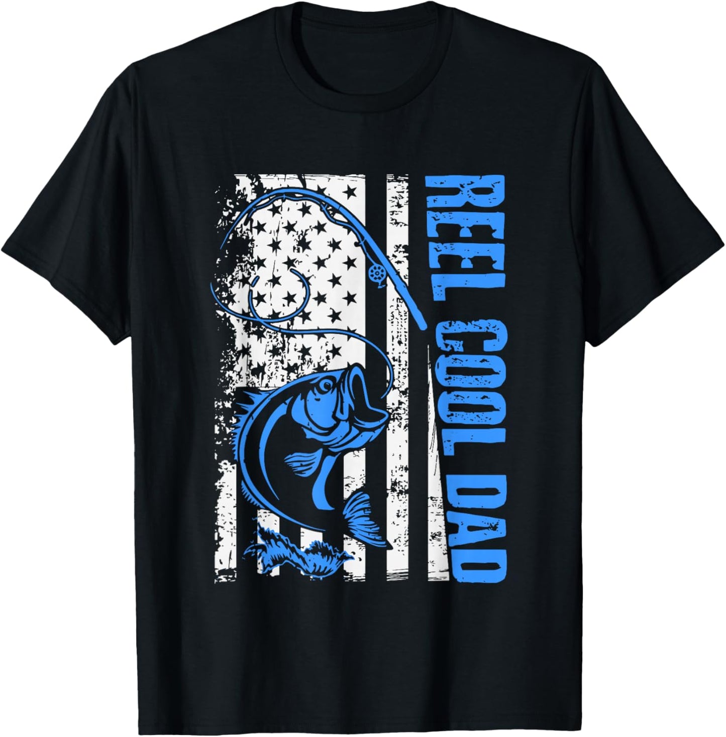 Reel Cool Dad Funny America USA Flag Bass Fishing Papa Daddy T-Shirt - T-Shirt | Black