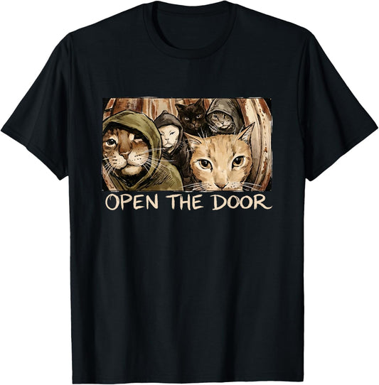 Vintage Open The Door Funny Meme Gang Sarcastic Cat Lover T-Shirt - T-Shirt | Black