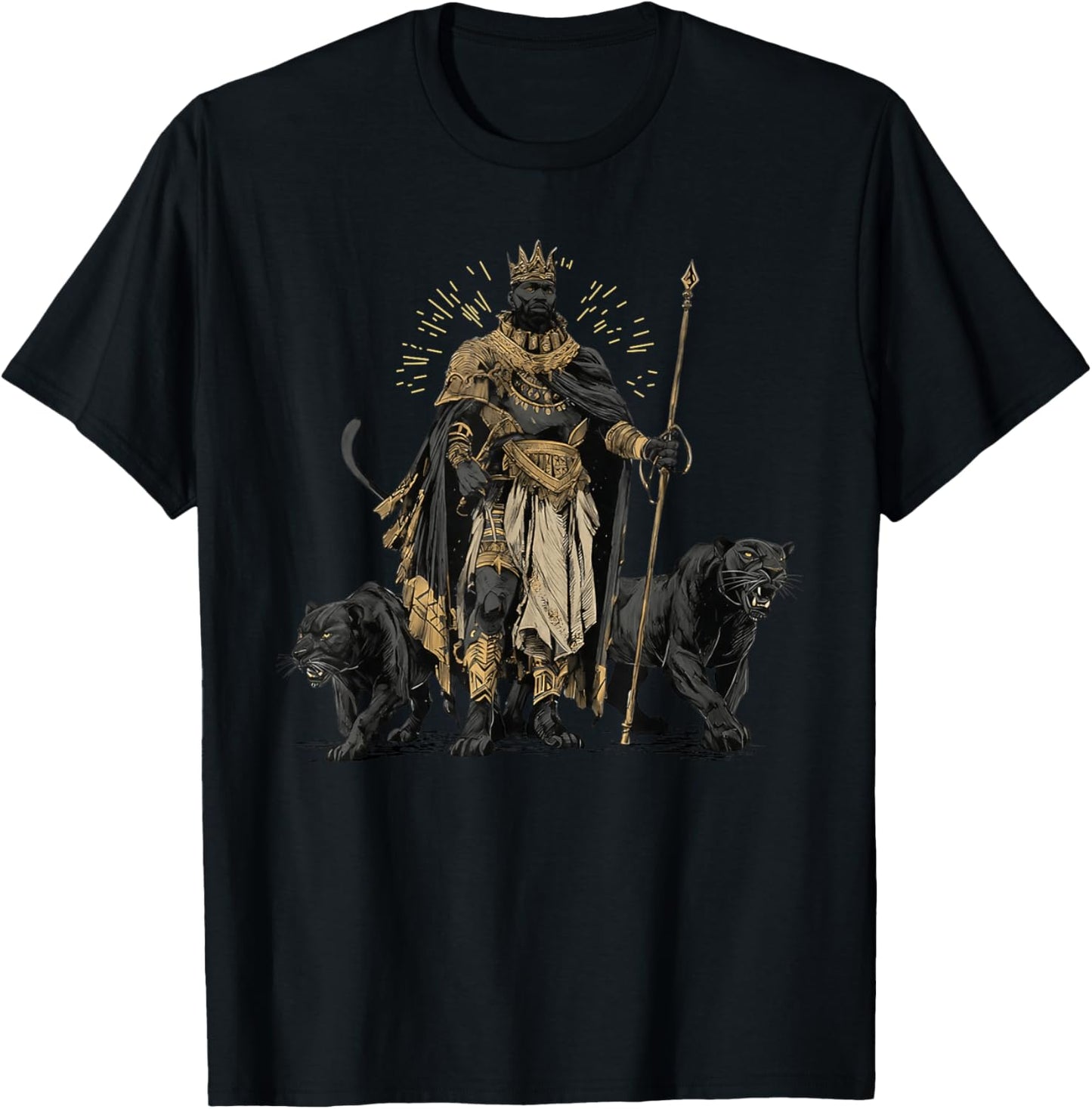 African King with Panther Guardian Fantasy Art T-Shirt - T-Shirt | Black