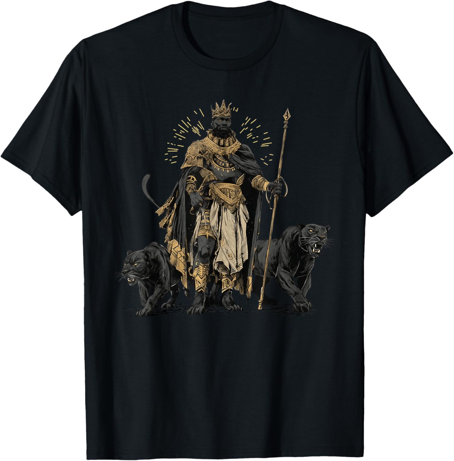 African King with Panther Guardian Fantasy Art T-Shirt - T-Shirt | Black