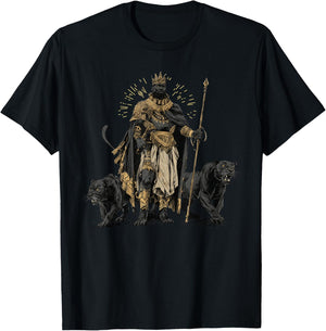 African King with Panther Guardian Fantasy Art T-Shirt - T-Shirt | Black
