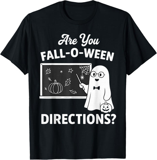 Retro are You Fall O Ween Directions Teacher Halloween Ghost T-Shirt - T-Shirt | Black