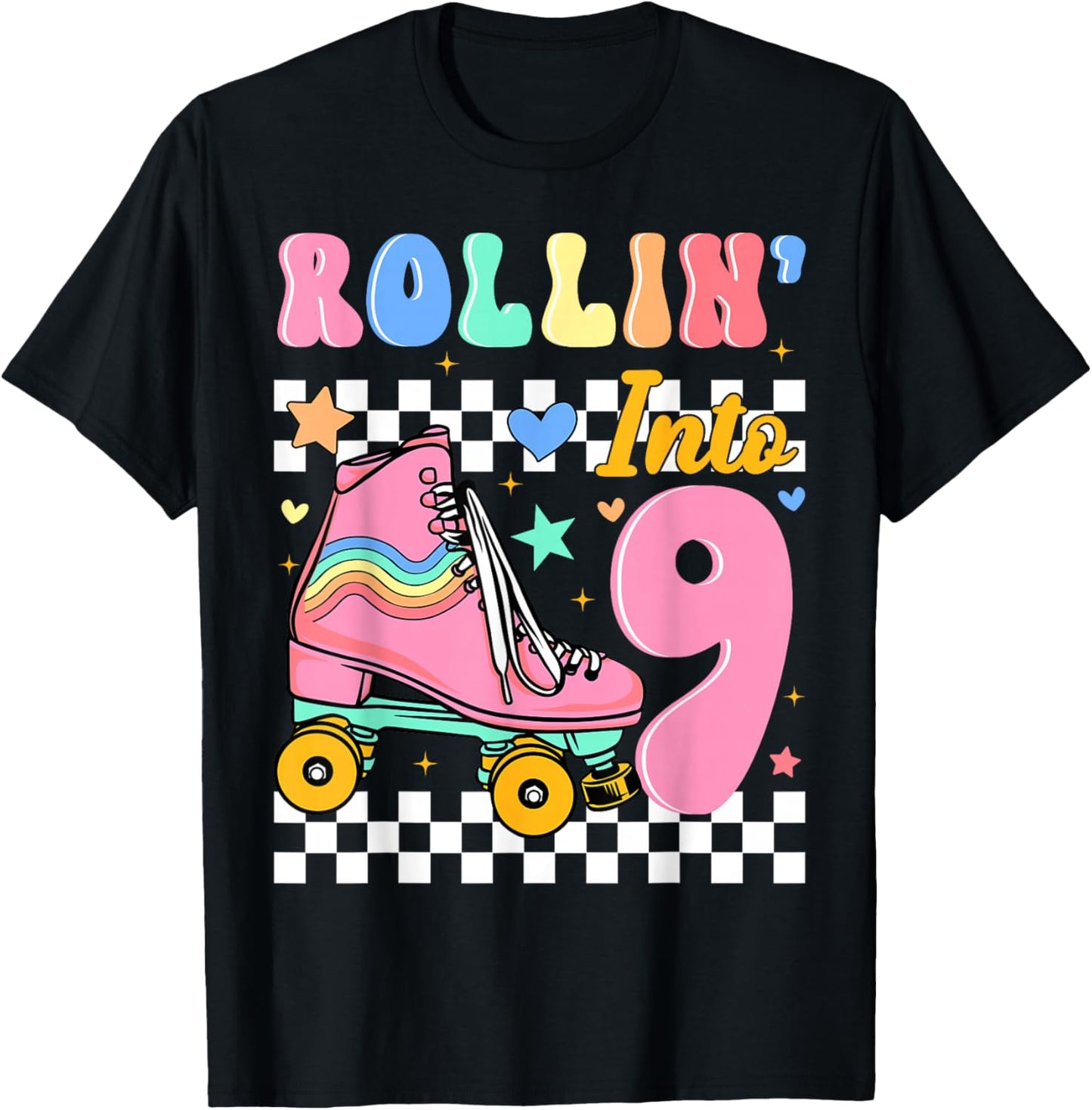 Rollin' Into 9 Years Old Roller Skating Girl 9th Birthday T-Shirt - T-Shirt | Black