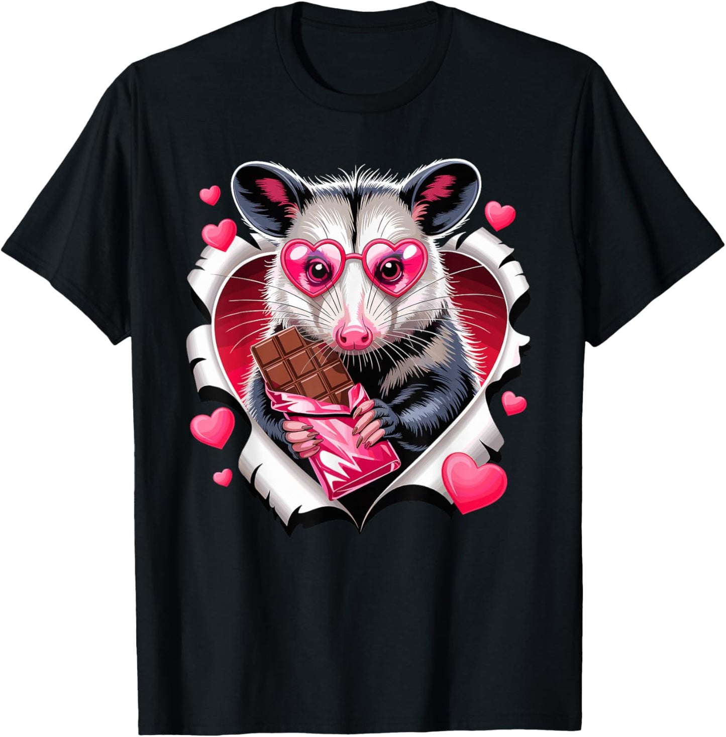 Valentine Hearts Opossum with Chocolate Bar T-Shirt - T-Shirt | Black