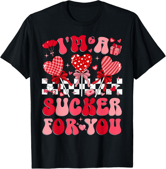 I'm A Sucker for You Retro Heart Candy Valentine Groovy Girl T-Shirt - T-Shirt | Black