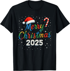 Merry Christmas 2025 Colorful Holiday Lights Family Matching T-Shirt - T-Shirt | Black