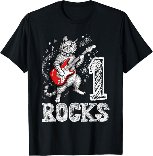 Funny Cat Playing Guitar 1 Rocks 1st Birthday Kids Gift T-Shirt - T-Shirt | Black