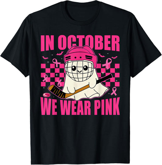 in October We Wear Pink Hockey Ghost Breast Cancer Awareness T-Shirt - T-Shirt | Black