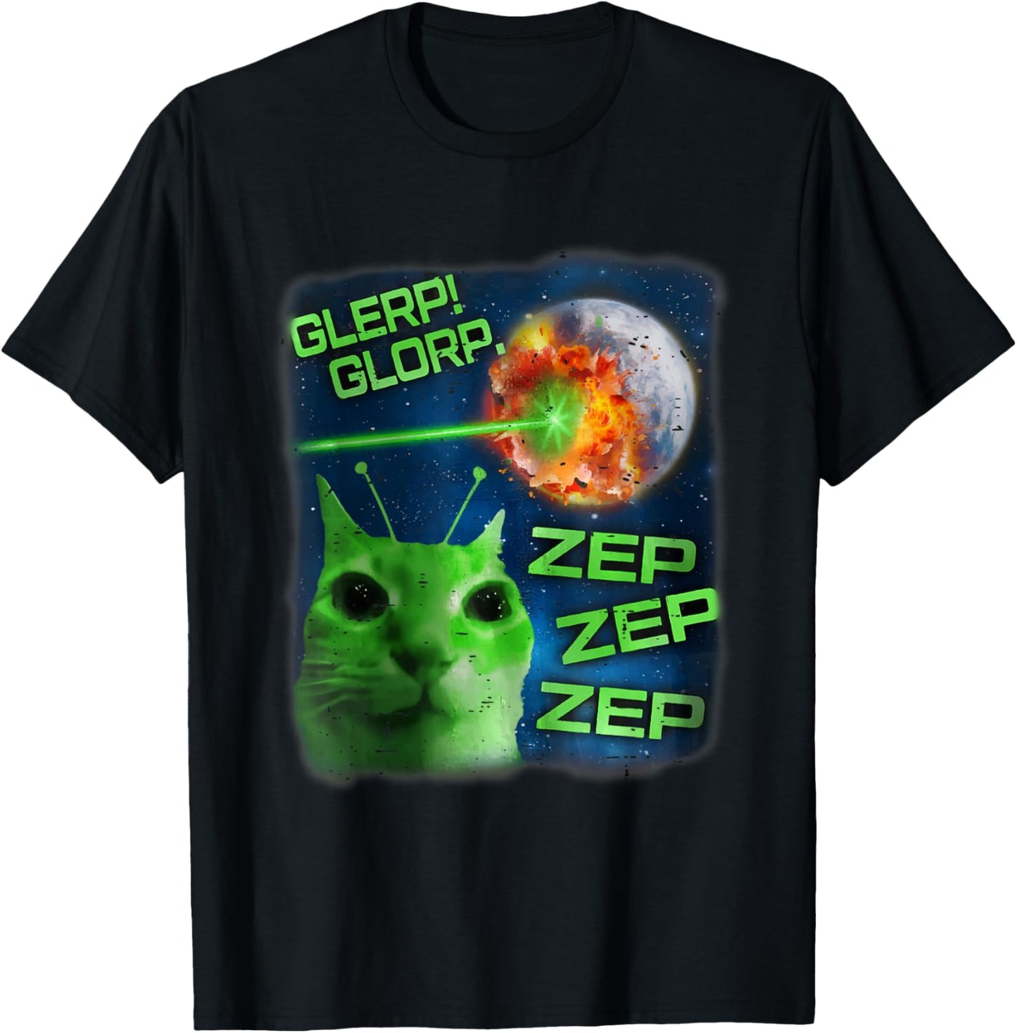 Vintage Glerp Glorp Alien Cat Meme Funny Brainrot Cat Lover T-Shirt - T-Shirt | Black