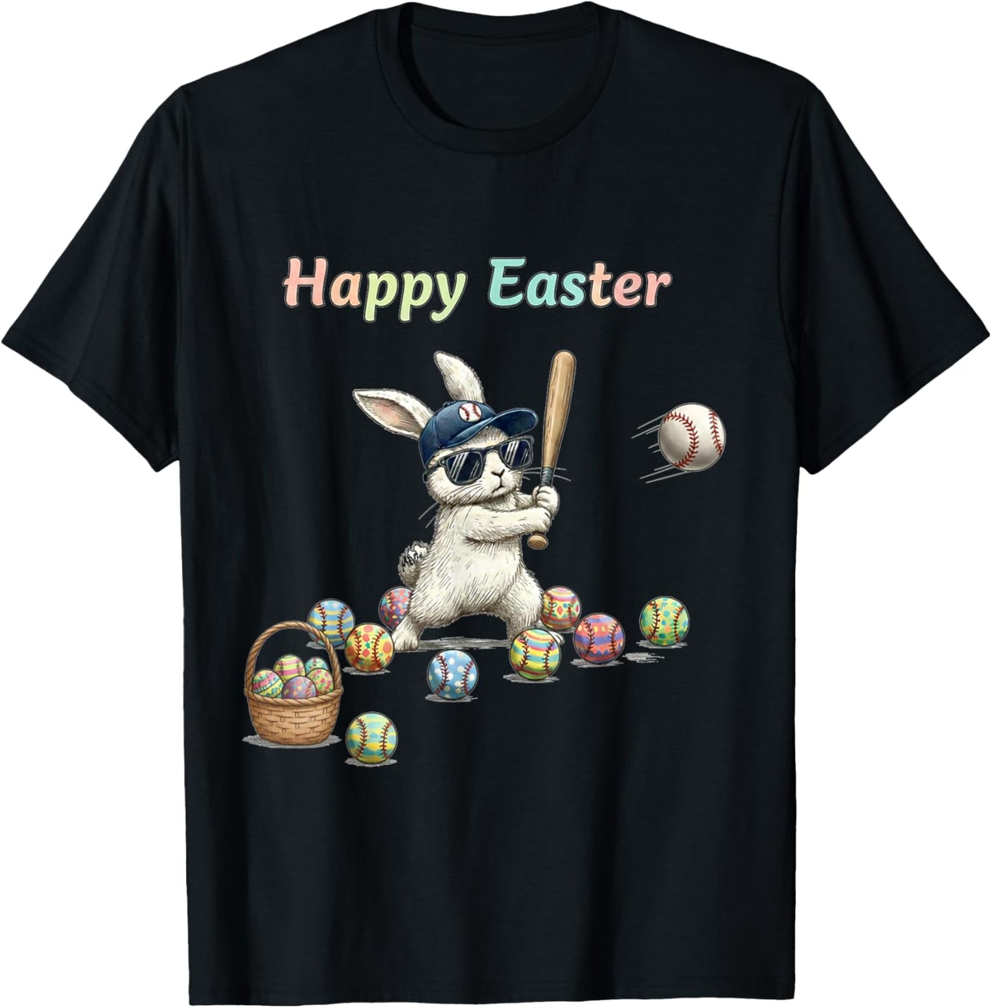 Happy Easter Bunny Playing Baseball Easter Rabbit Sport T-Shirt - T-Shirt | Black