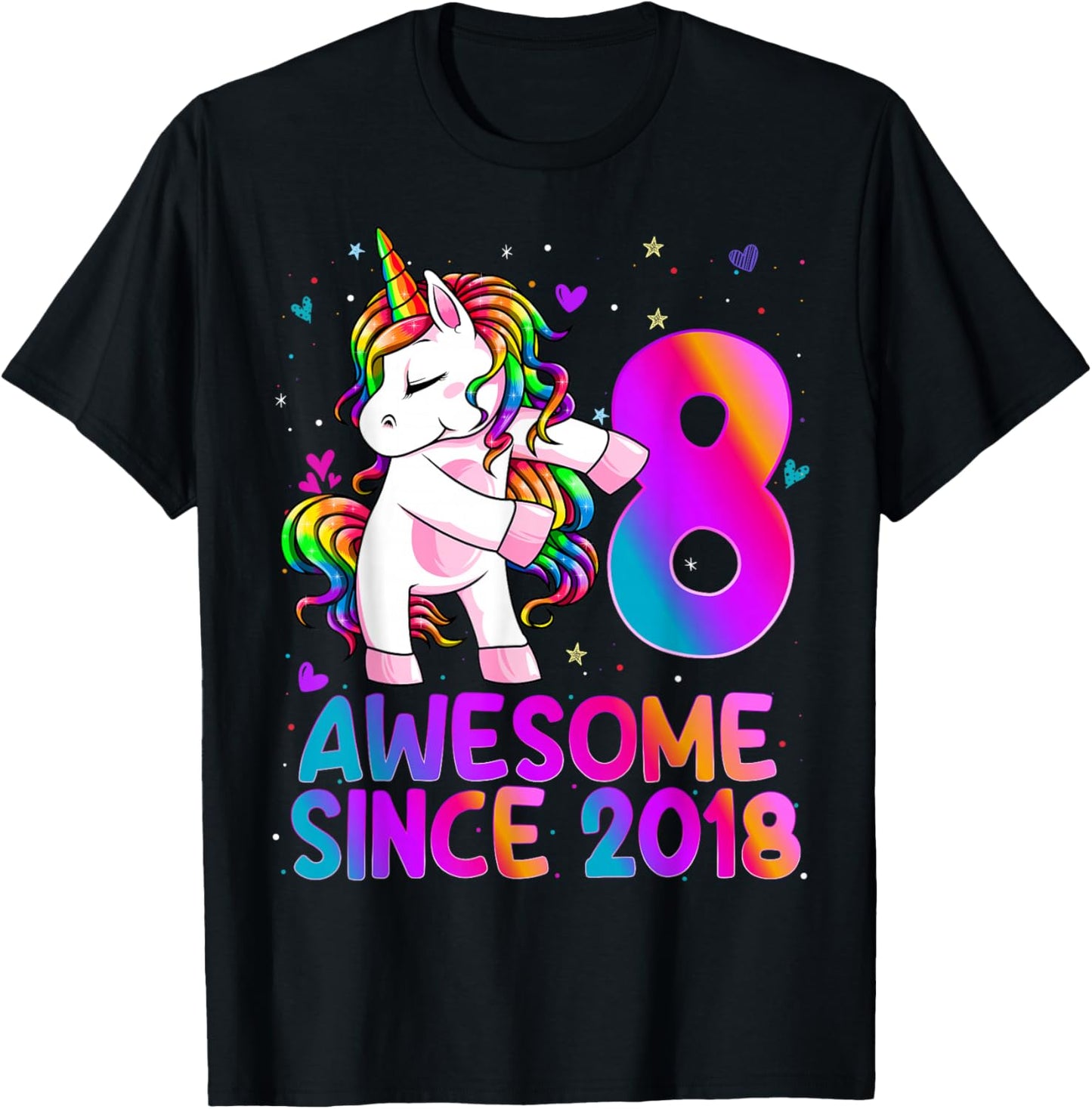 8 Year Old Girl Awesome Since 2018 Unicorn 8th Birthday Girl T-Shirt - T-Shirt | Black