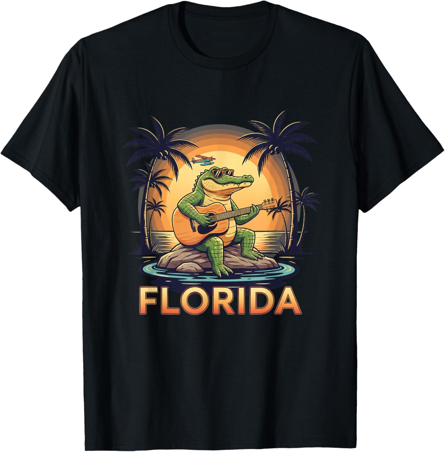 US States Florida Gator Sunset, & Palm Tree T-Shirt - T-Shirt | Black