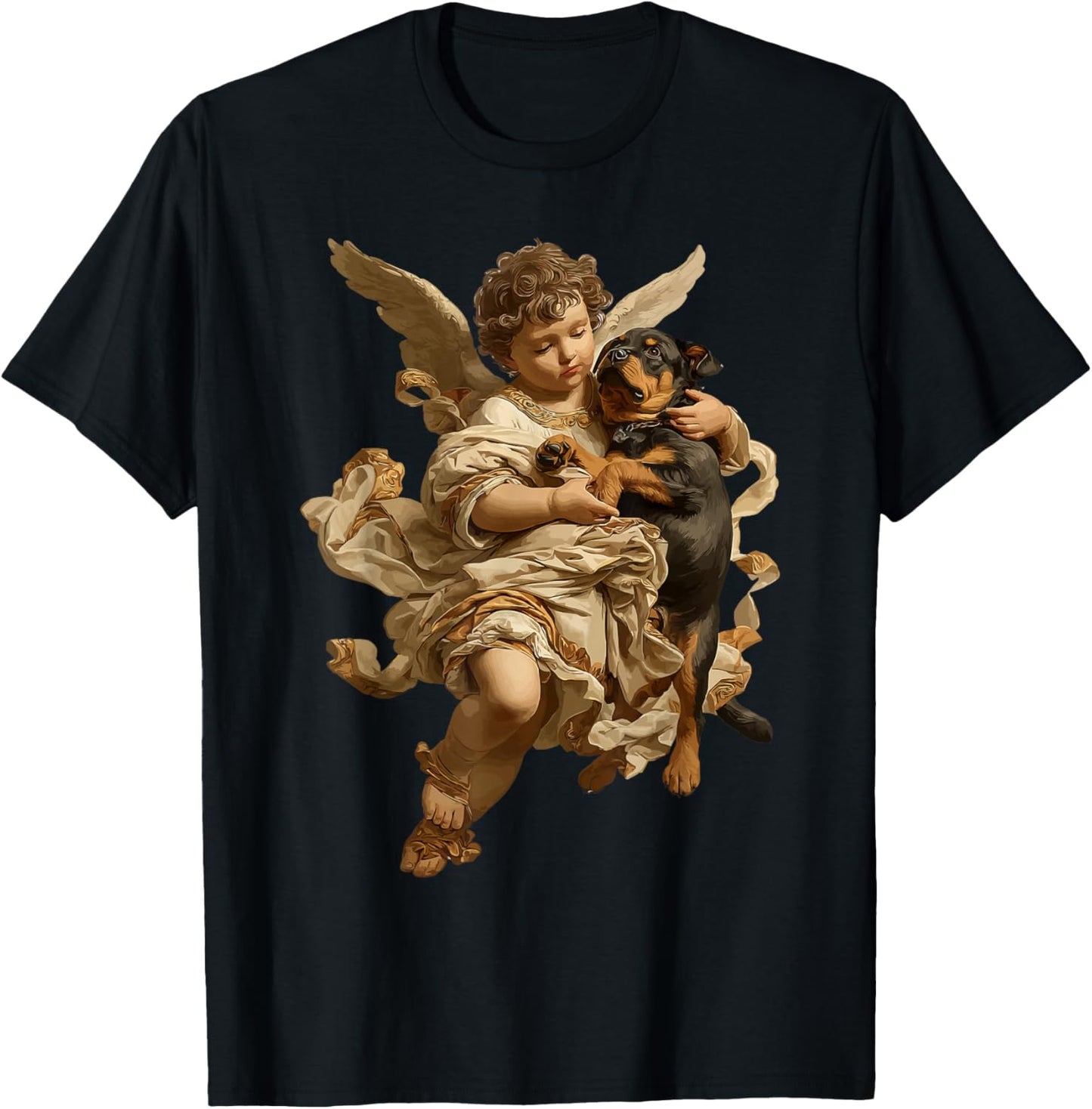 Cherub Angel with Rottweiler Dog Baroque Renaissance Art T-Shirt - T-Shirt | Black