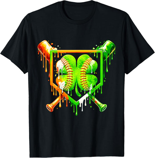 Drip St Patricks Day Shamrock Baseball Sport Kids Boys Men T-Shirt - T-Shirt | Black