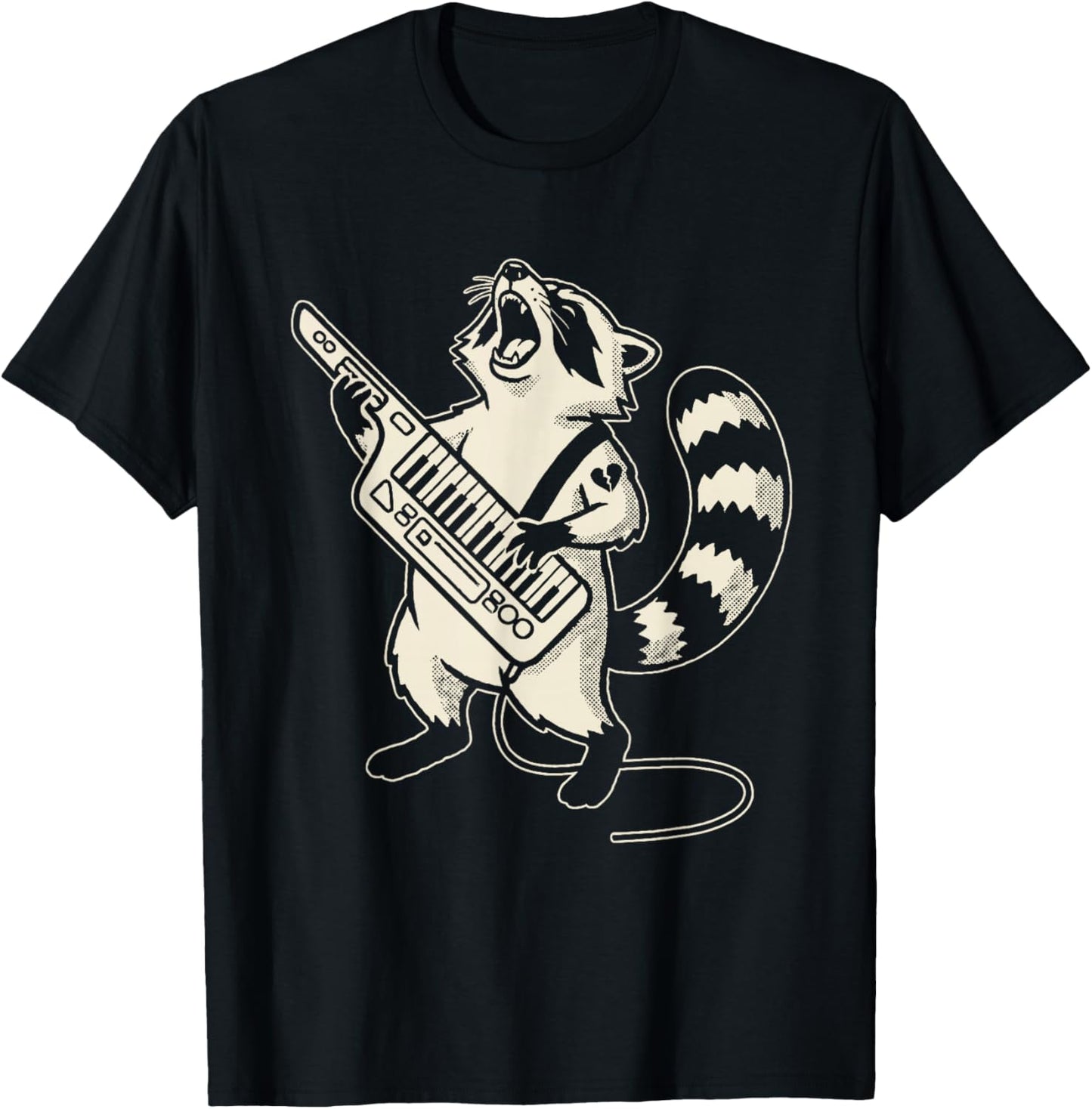 Screaming Keytar Raccoon Funny Synth Player Musician T-Shirt - T-Shirt | Black