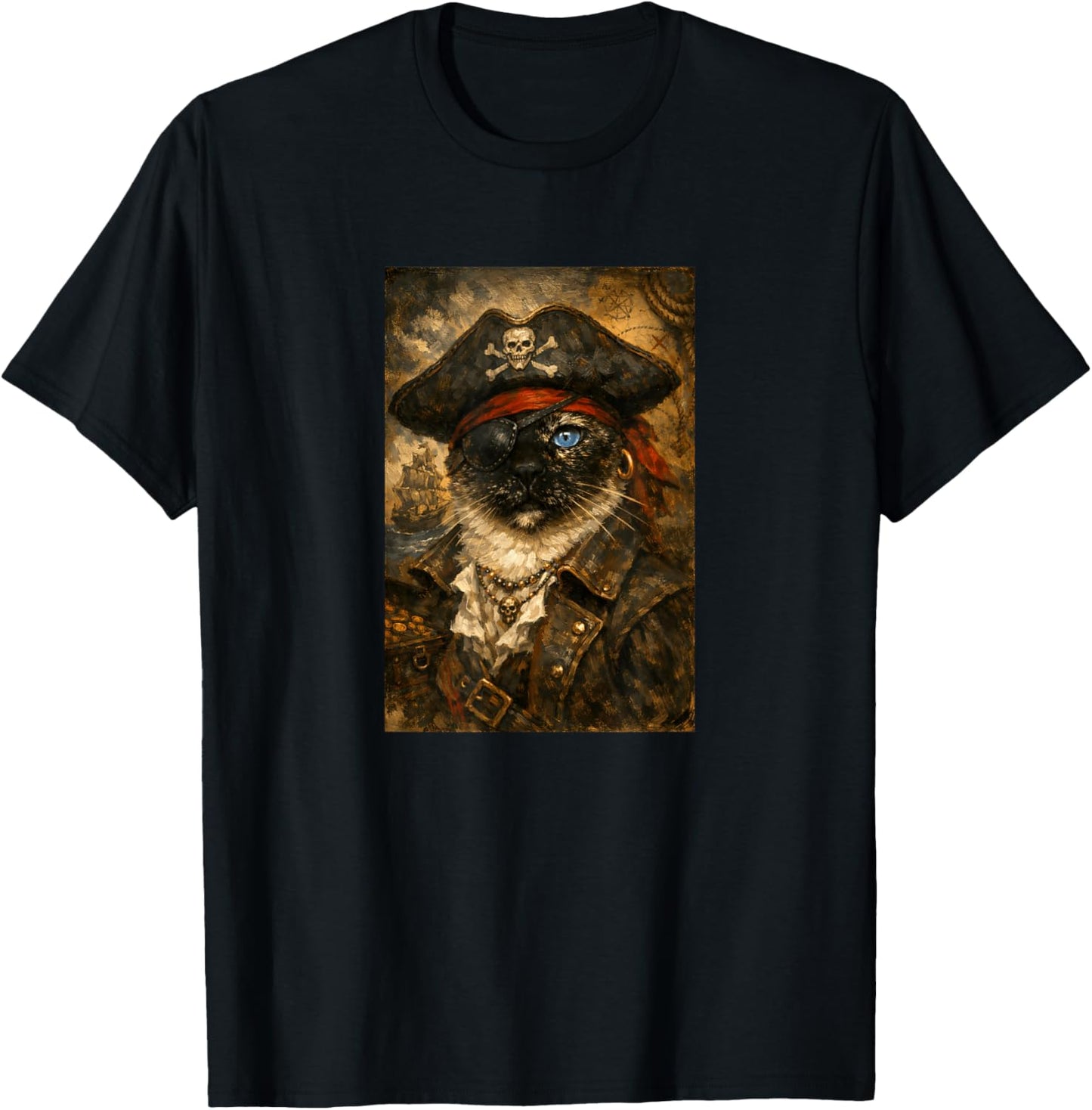 Funny Pirate Cat Vintage Oil Painting Portrait Eye Patch T-Shirt - T-Shirt | Black
