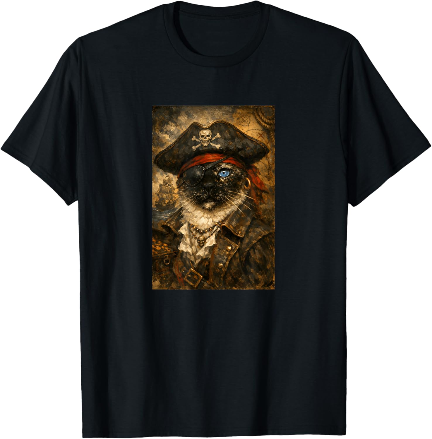 Funny Pirate Cat Vintage Oil Painting Portrait Eye Patch T-Shirt - T-Shirt | Black