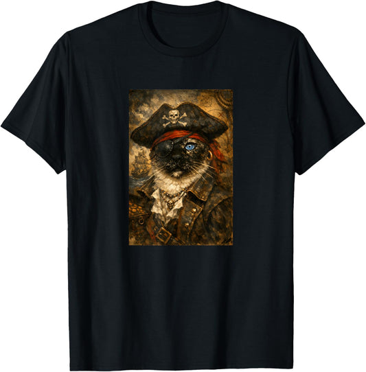 Funny Pirate Cat Vintage Oil Painting Portrait Eye Patch T-Shirt - T-Shirt | Black
