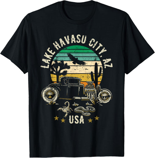 Lake Havasu City AZ USA Hotrod Retro Desert Sunset Design T-Shirt - T-Shirt | Black