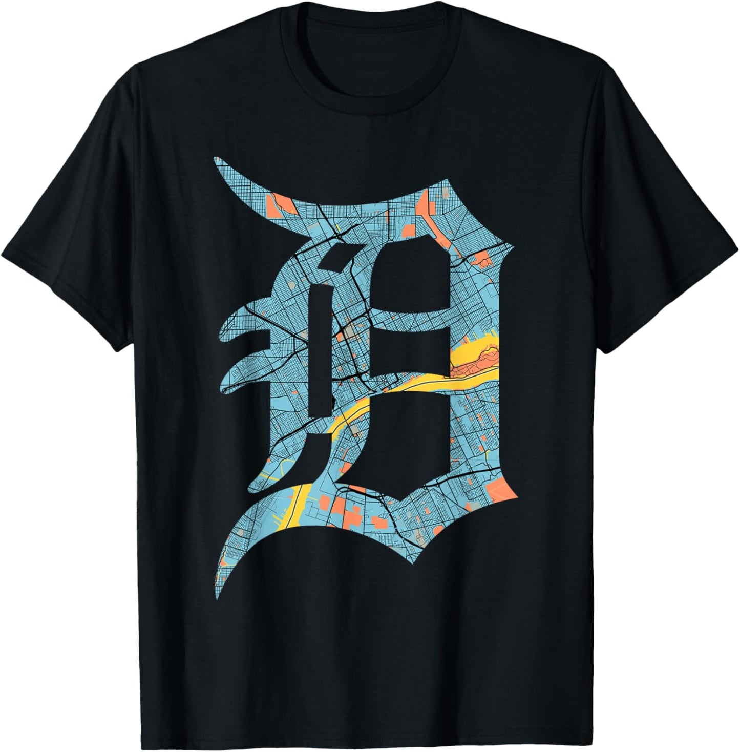 Distressed Detroit D Logo Lettering Road Map Native Design T-Shirt - T-Shirt | Black
